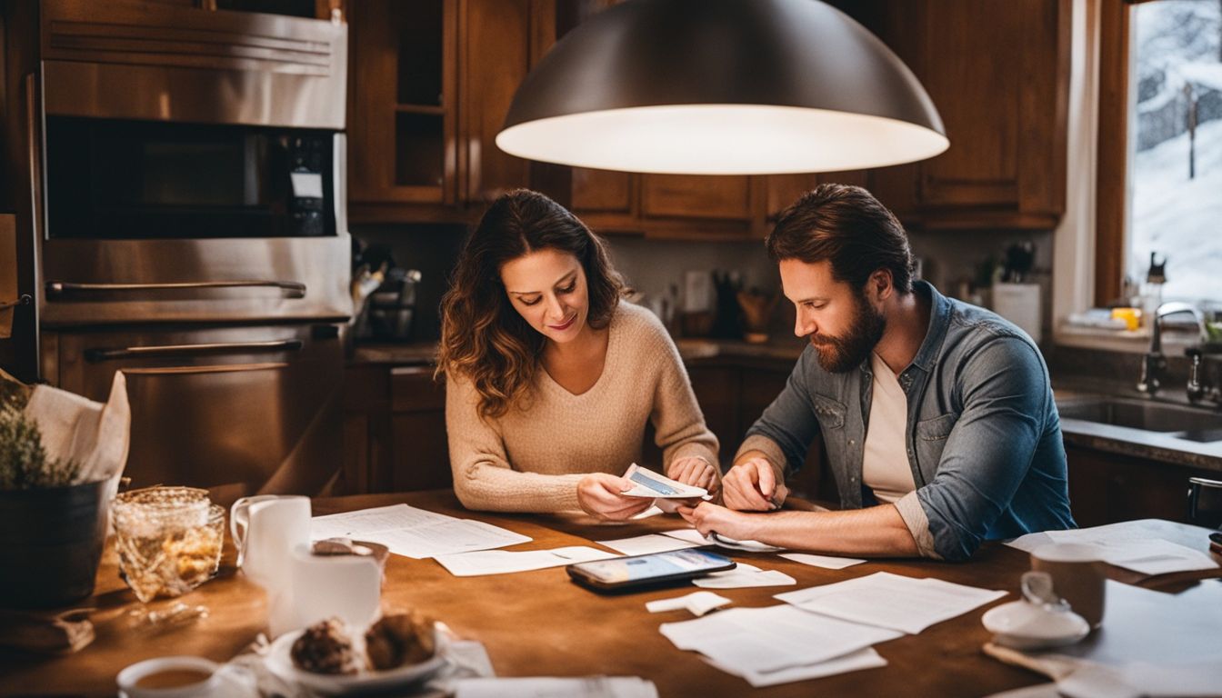 A couple in their 30s reviews credit card statements and budgets to reduce debt.