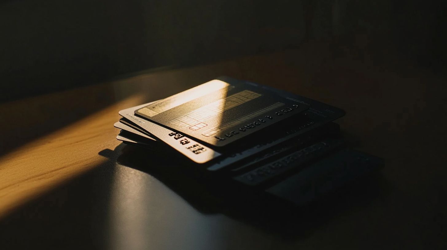 Stack of powerful credit cards symbolizing financial burden and stress.