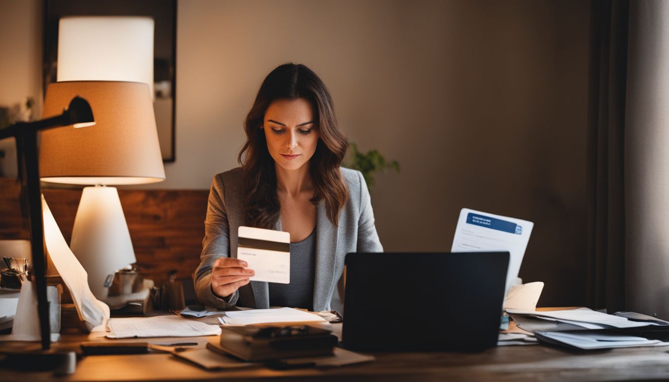 A woman reviewing credit card statement with determination in dimly lit room.