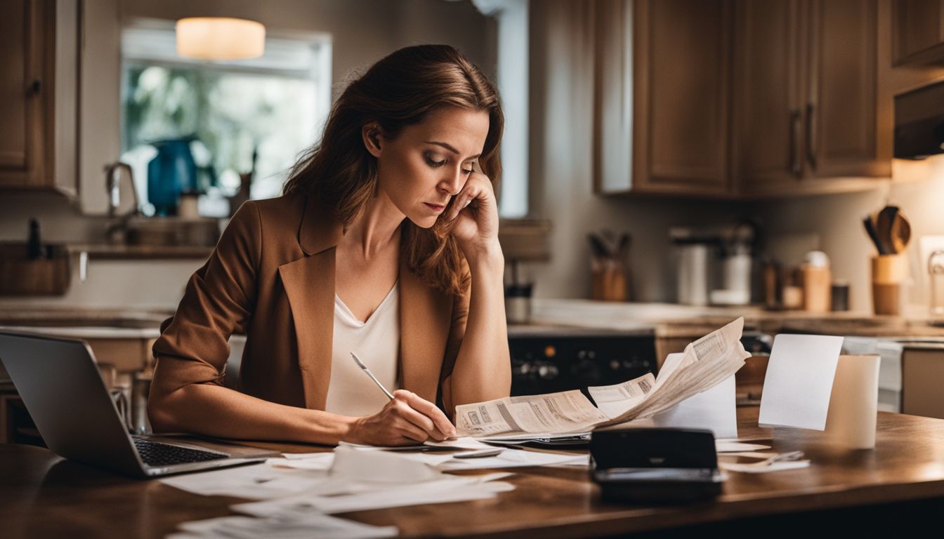 A woman in her mid-30s looks worried while staring at her credit card statement surrounded by unpaid bills at a cluttered kitchen table.